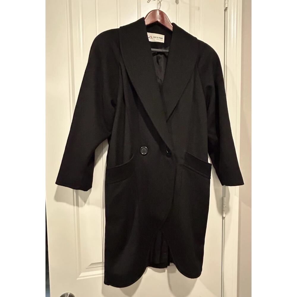 Vintage 90s Check Point Wool Black Double Breasted Long Peacoat Women XL USA